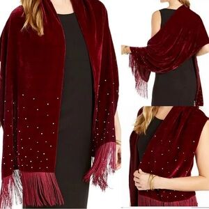 INC-Embellished Velvet Wrap w/Fringe-Maroon-NWT